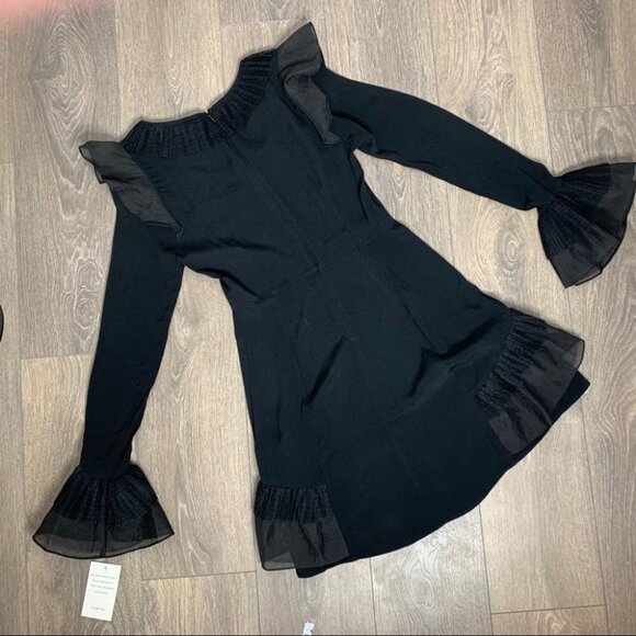 For Love and Lemons Evie Mini Dress Flare Wide Sleeve Ruffles Black Size XS - Picture 14 of 16